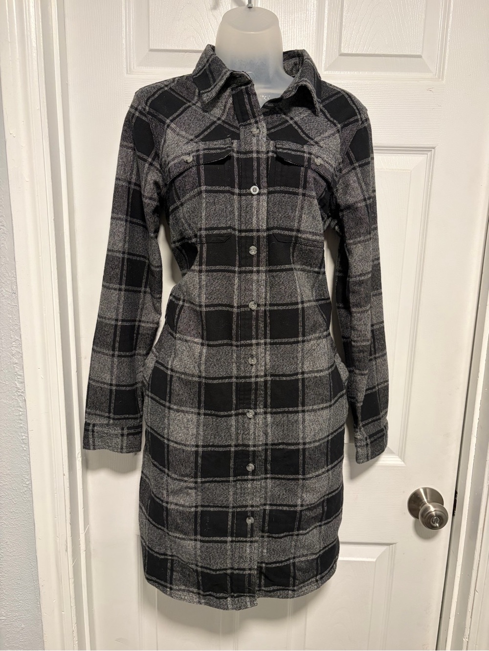 Duluth Trading Co Black & Gray Plaid Button-Front Shirt Dress